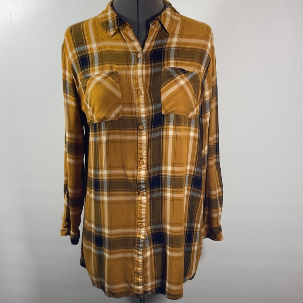 Plaid Shirt/Top Women Size M Mustard & Black Button Up Collar Pockets Soft Comfy - Picture 1 of 9